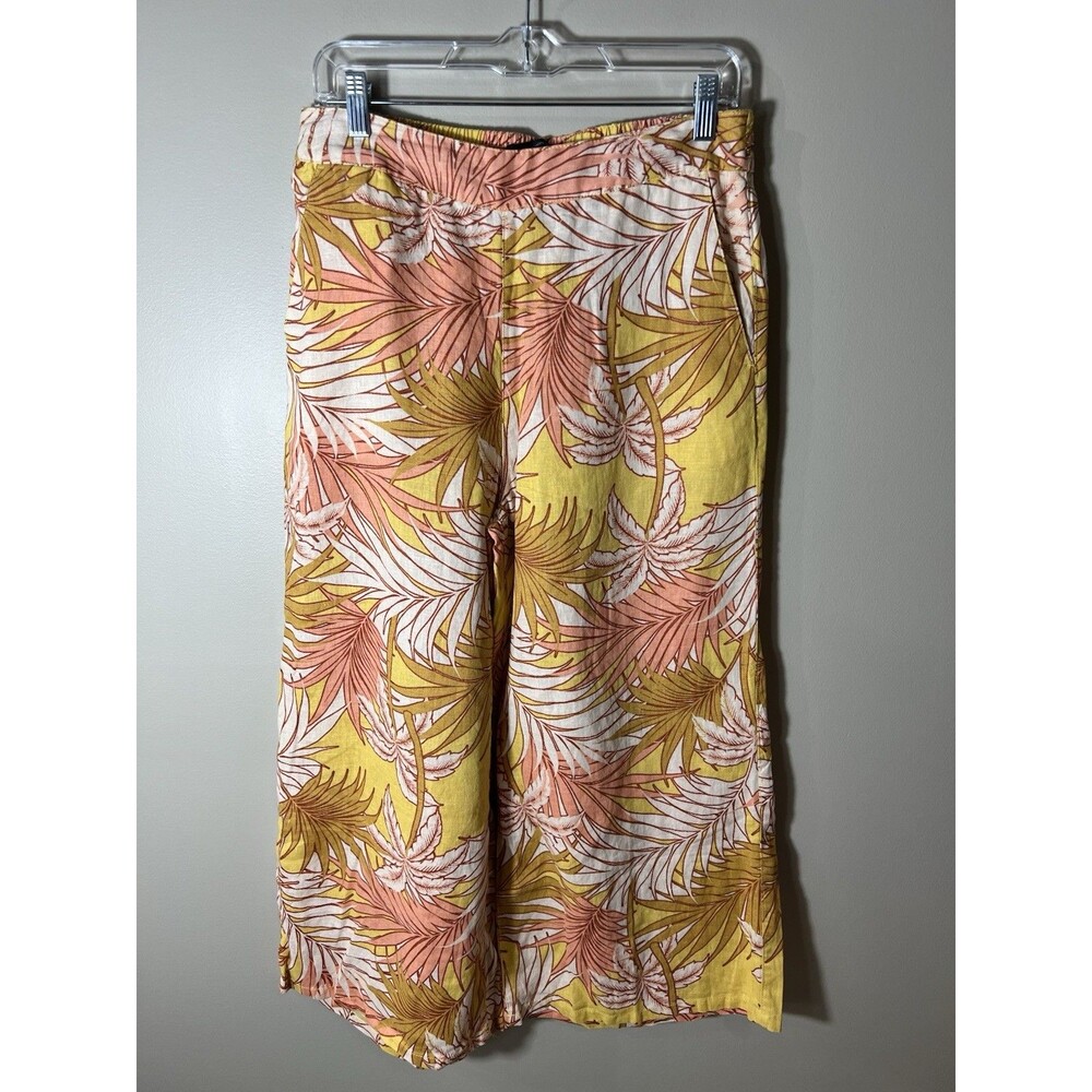 Tahari Tropical Palm Leaf Wide-Leg Linen Pull-On Crop Resort Pants Size Medium